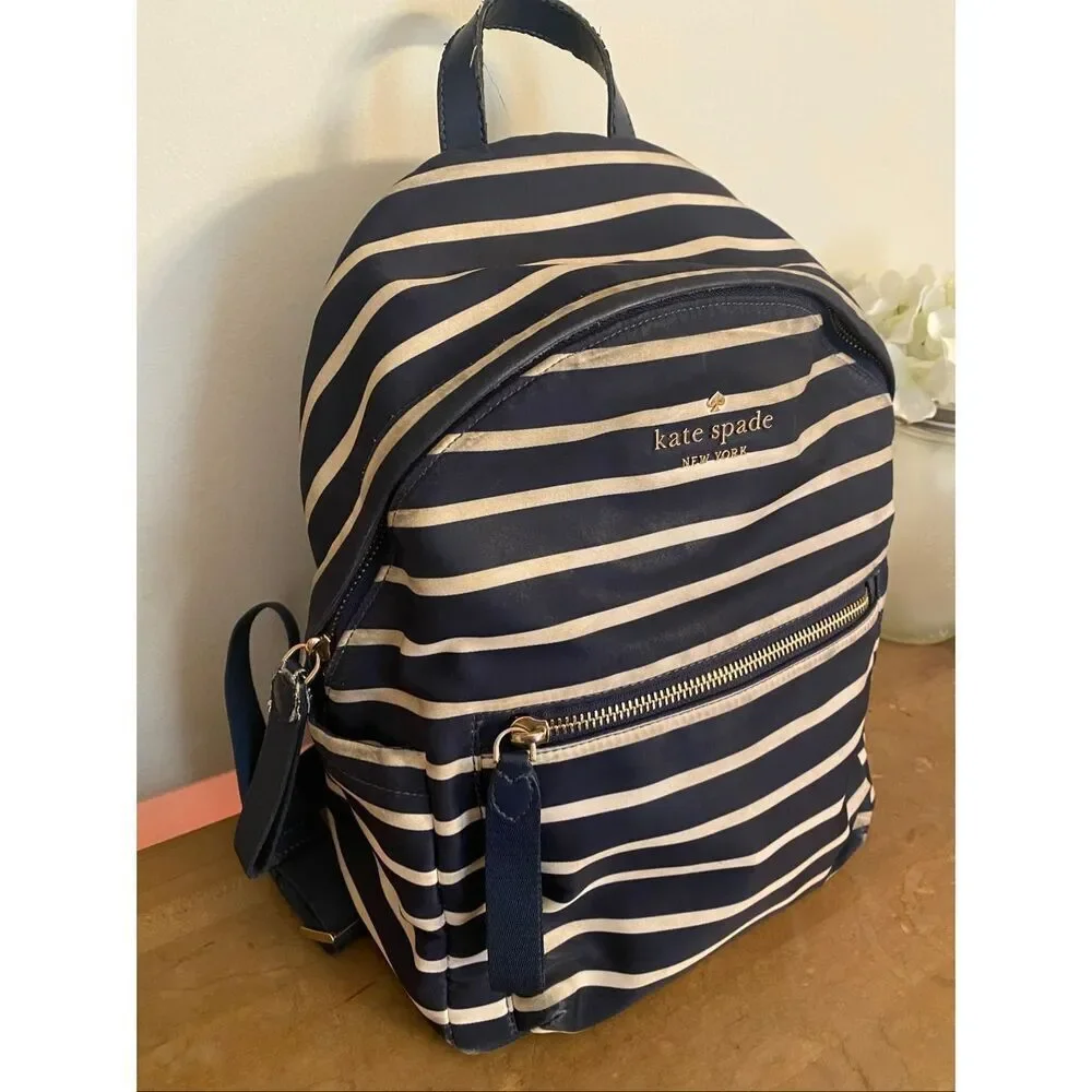 Kate Spade Chelsea navy blue white striped backpack purse medium nylon